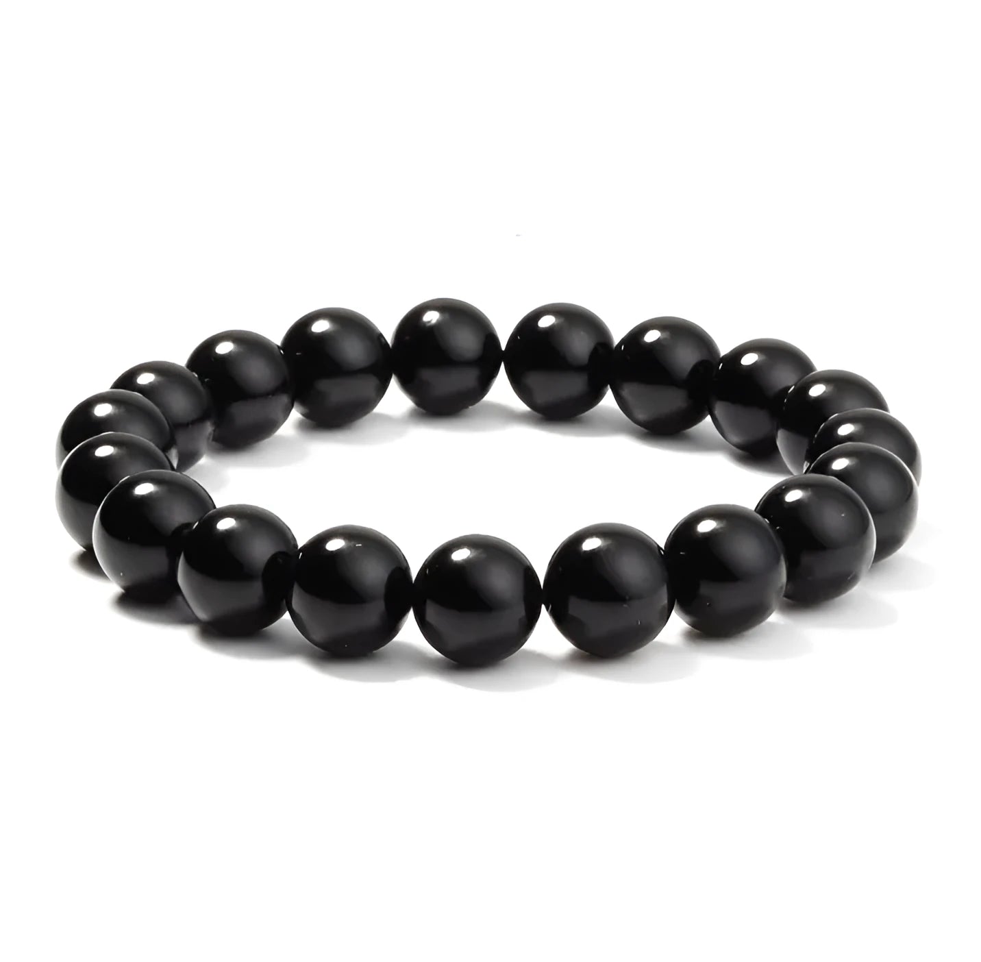 Geometric black agate bead bracelet for women with 8mm stones on a stretch elastic cord.