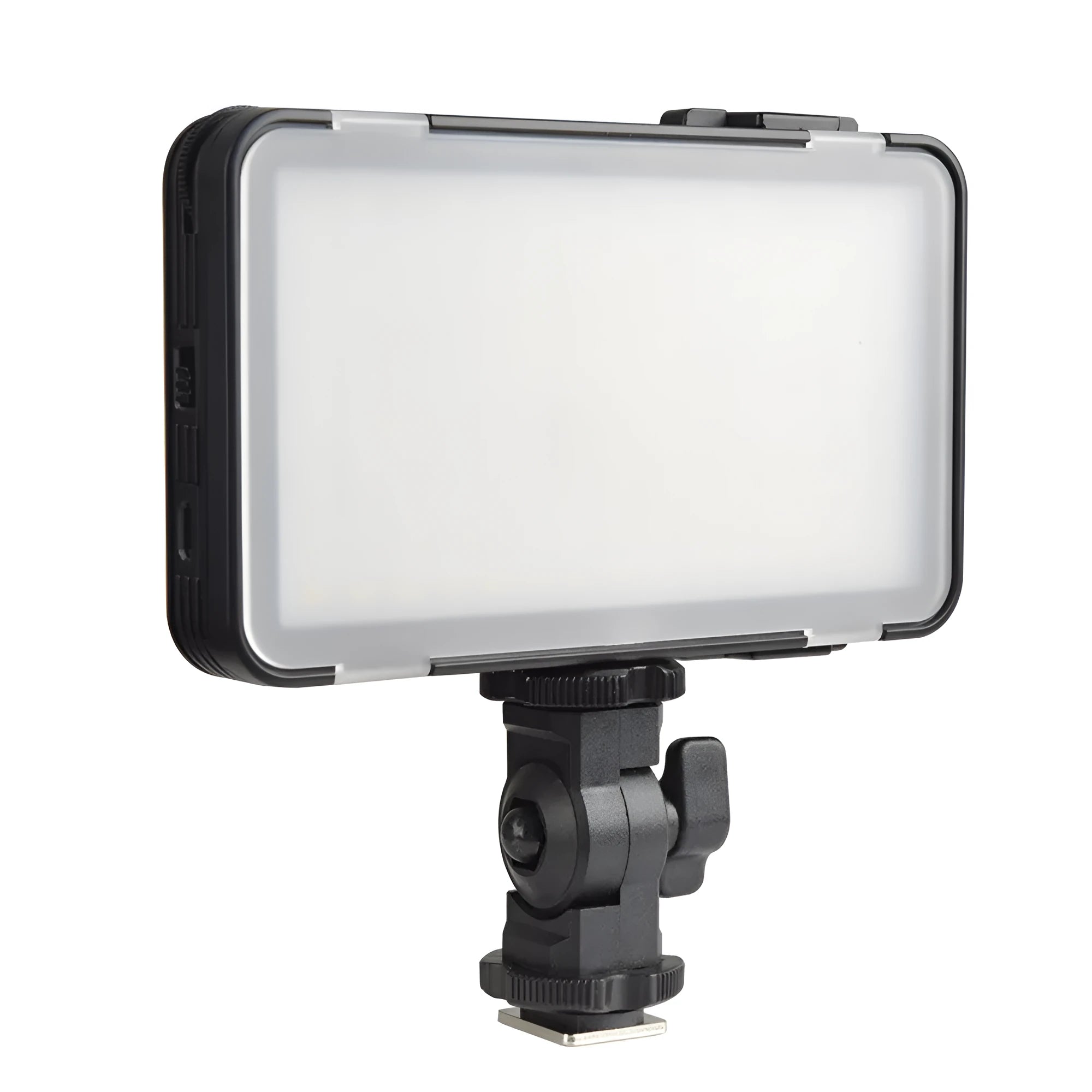 Shenniu M150 ultra-thin LED video light mounted on a mobile phone with L-bracket.