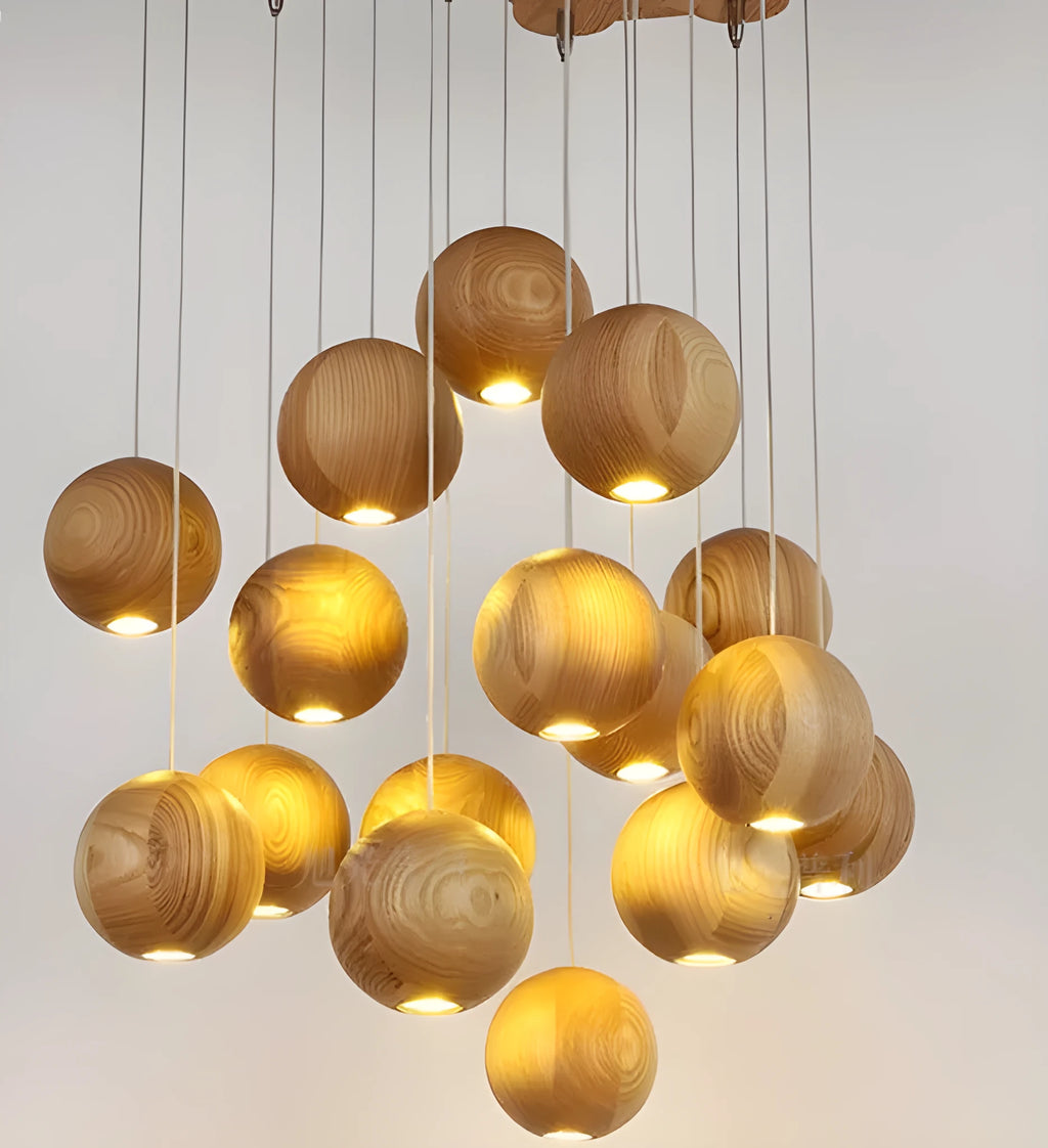 Nordic style solid wood ball chandelier with adjustable height ceiling installation