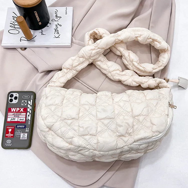 Women's casual nylon underarm messenger bag in beige colour showing dimensions and adjustable shoulder strap