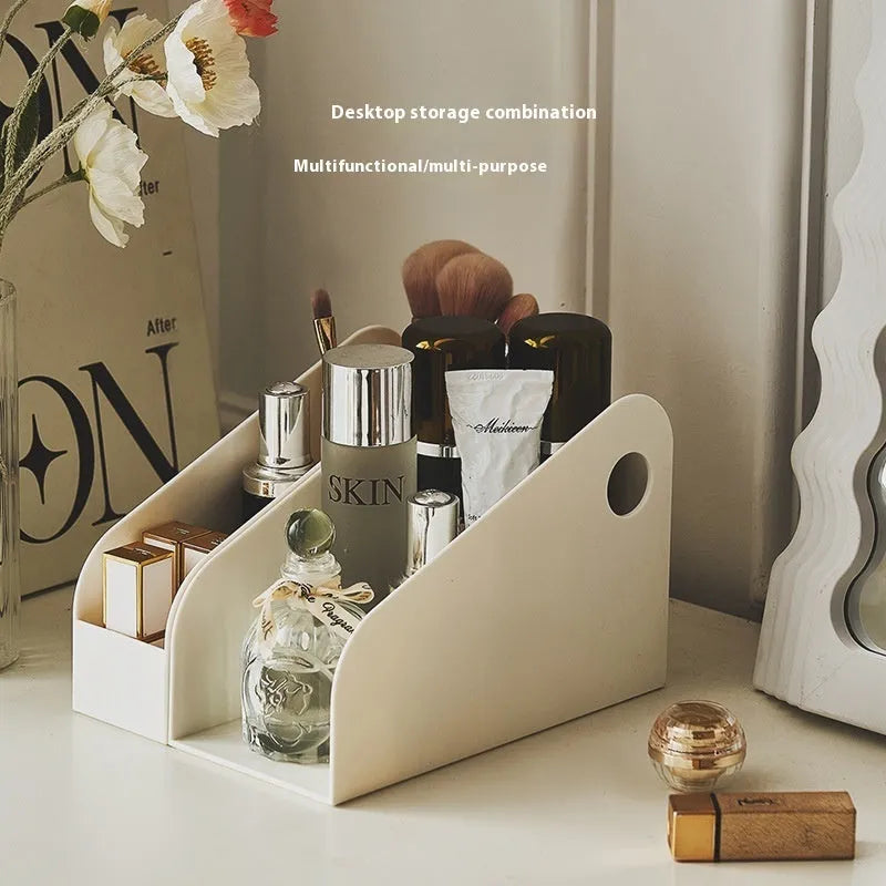 Desktop storage box with 2-layer plastic construction in ivory white or milk coffee colour