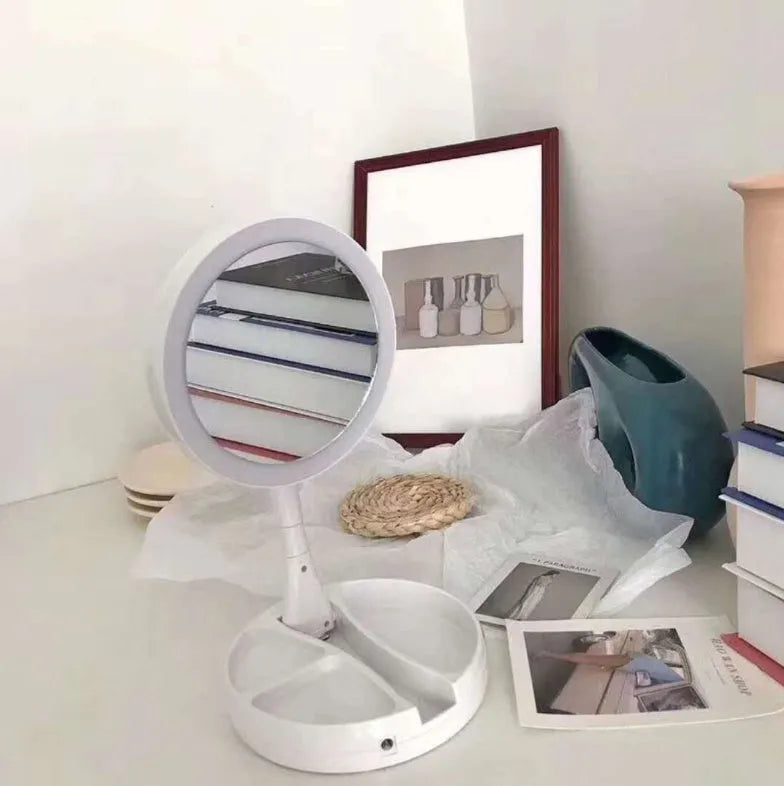 White foldable acrylic double-sided LED vanity mirror with USB charging port