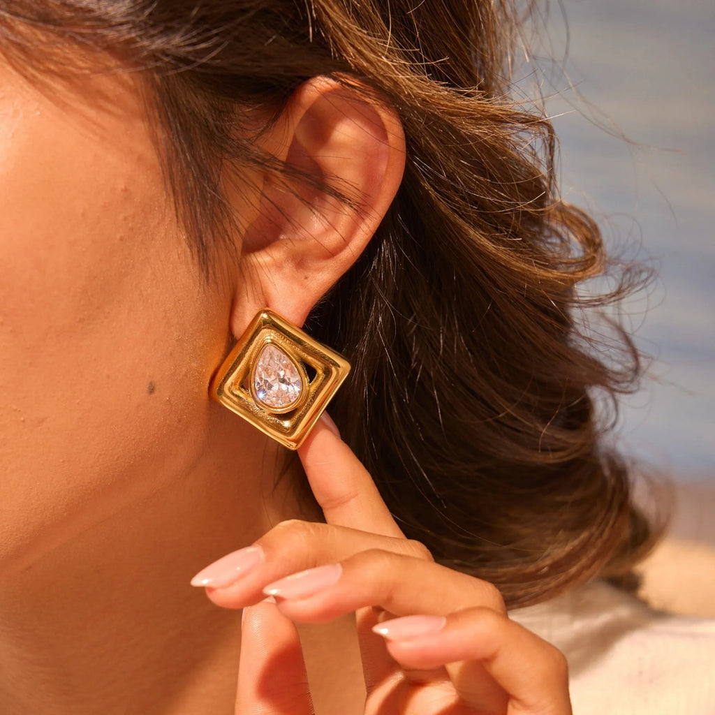 Gold geometric water drop stud earrings with inlaid zircon stones on stainless steel
