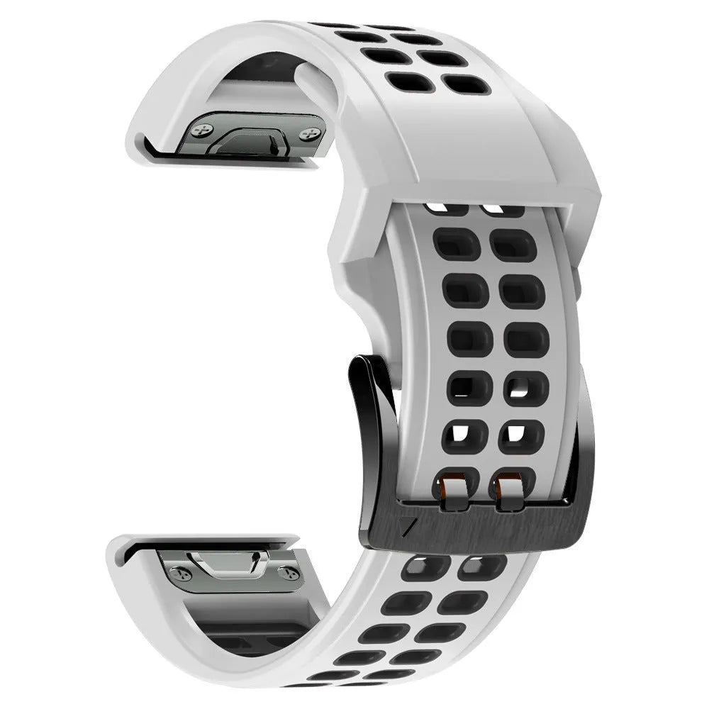 Quick release double row hole silicone watch strap in a two-tone colour on a watch.
