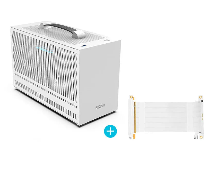 Three Hummingbird PRO portable ITX desktop chassis in titanium gray or white with tinned steel construction