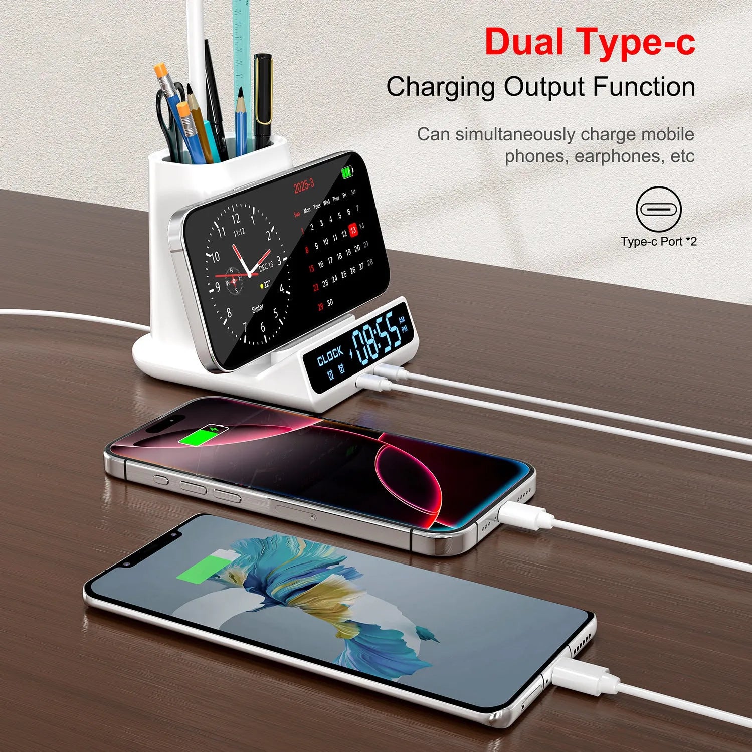 Modern wireless charging desk lamp with integrated pen holder and storage compartment.