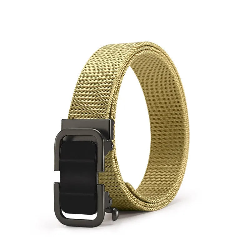 Men's nylon canvas belt with toothless alloy buckle shown in multiple colour options.