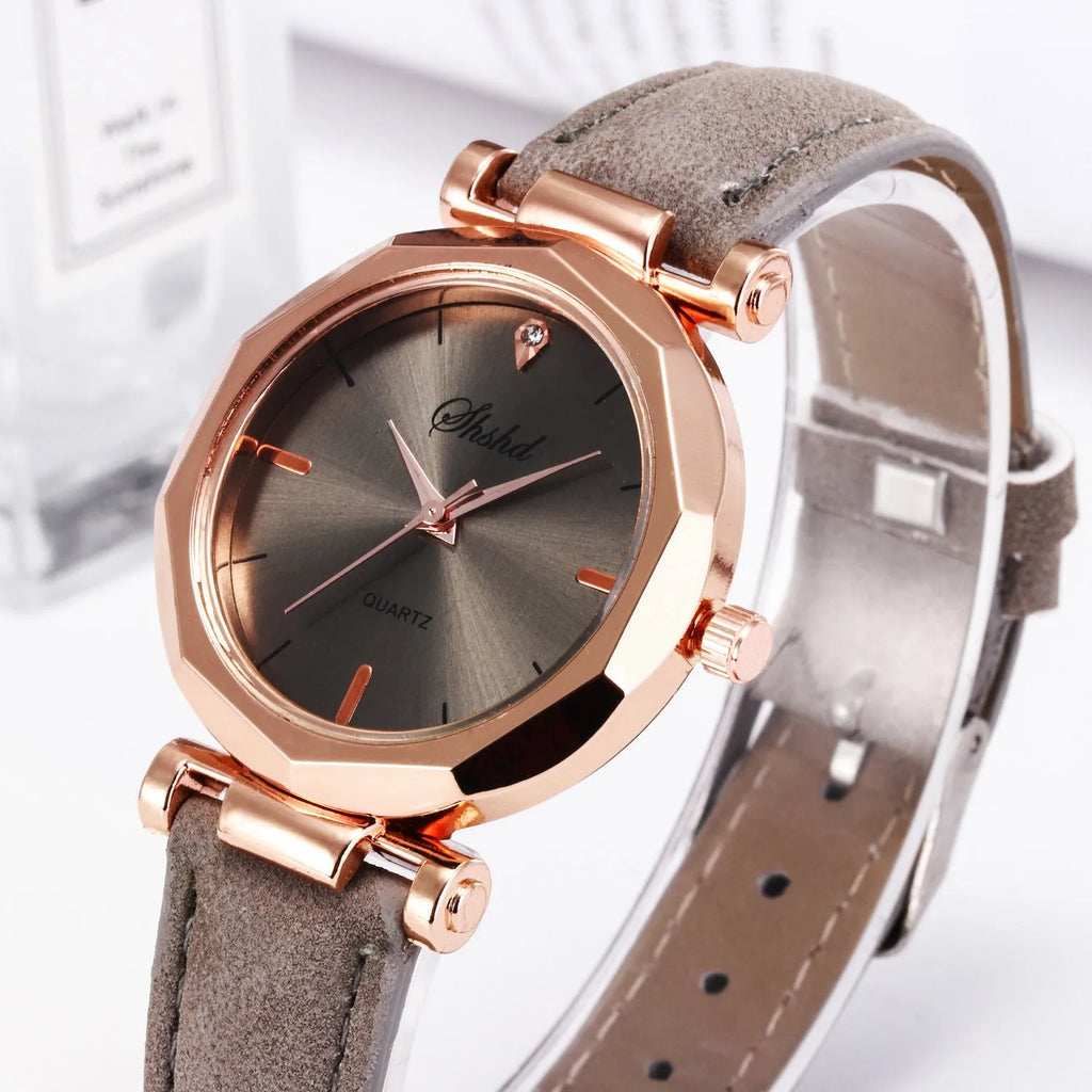 New ladies casual watch with round plastic case, PU strap, and pointer display in multiple colours