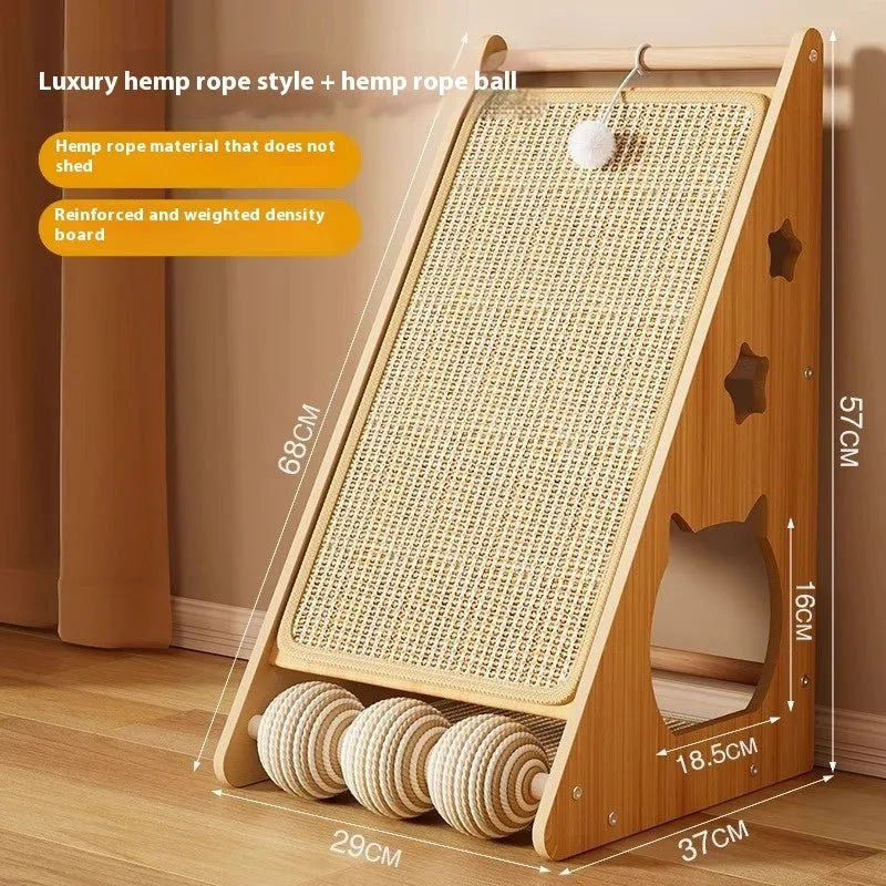 Vertical wall-mounted cat scratch board with sisal surface and teasing ball design