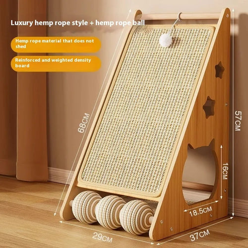 Vertical wall-mounted cat scratch board with sisal surface and teasing ball design