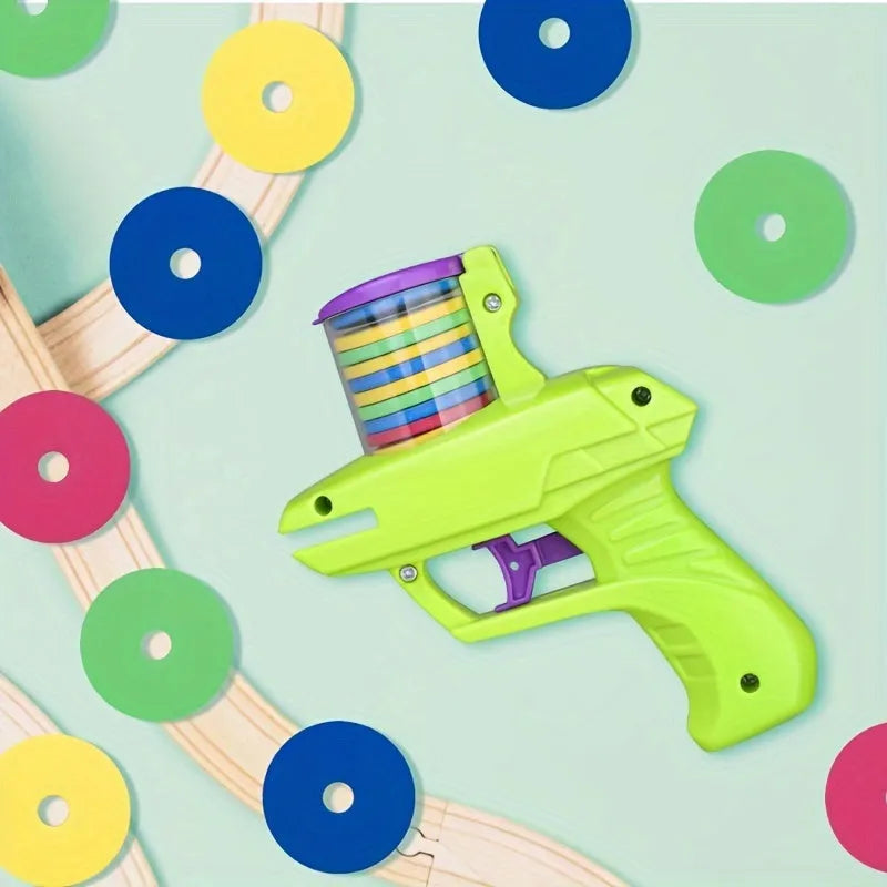 Battery-free motorised interactive cat toy launcher with soft foam discs in purple and green colour options.