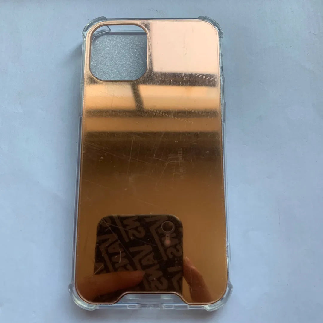 Reflective mirror phone case in soft TPU material available in multiple colours for various iPhone models showing back and side view