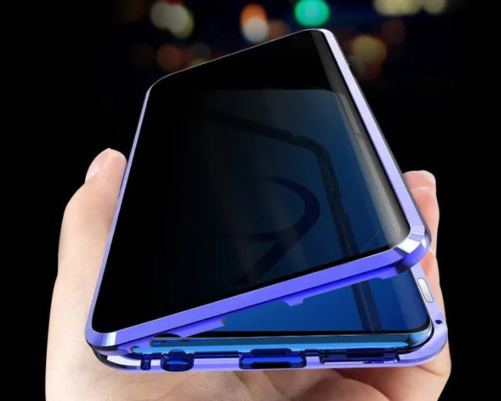 Black anti-peeping magnetic clamshell phone case for Samsung Galaxy smartphones showing closed and open views