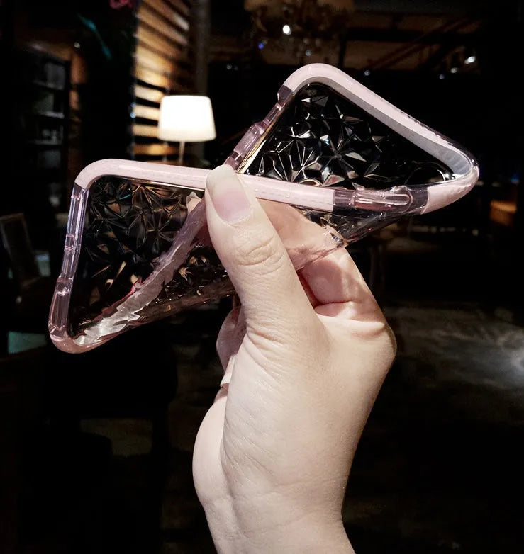 Striped TPU back cover iPhone case shown in black border, pink border, and white border colour options.