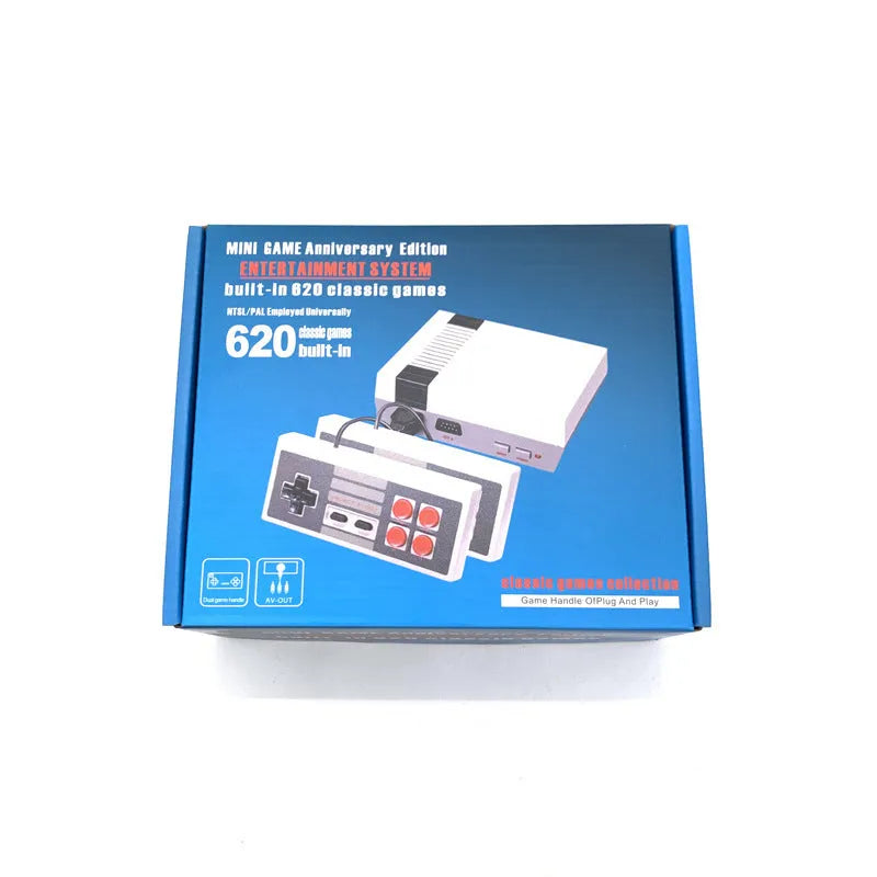 Retro NES game console with two controllers on television stand