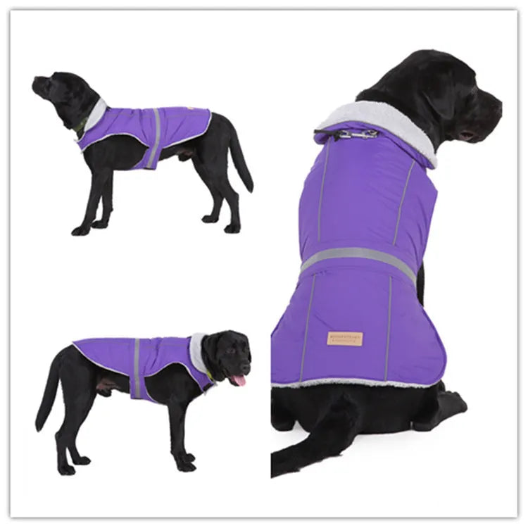 Reflective winter dog coat in pink, with harness holes, lay flat