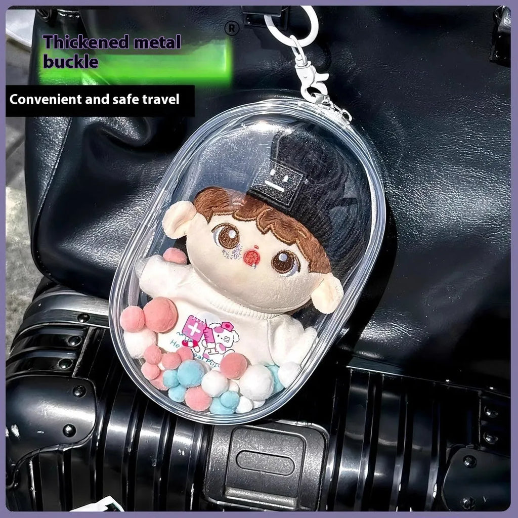 Transparent 17cm PVC cube storage bag with colourful ball keychain in avocado green colour