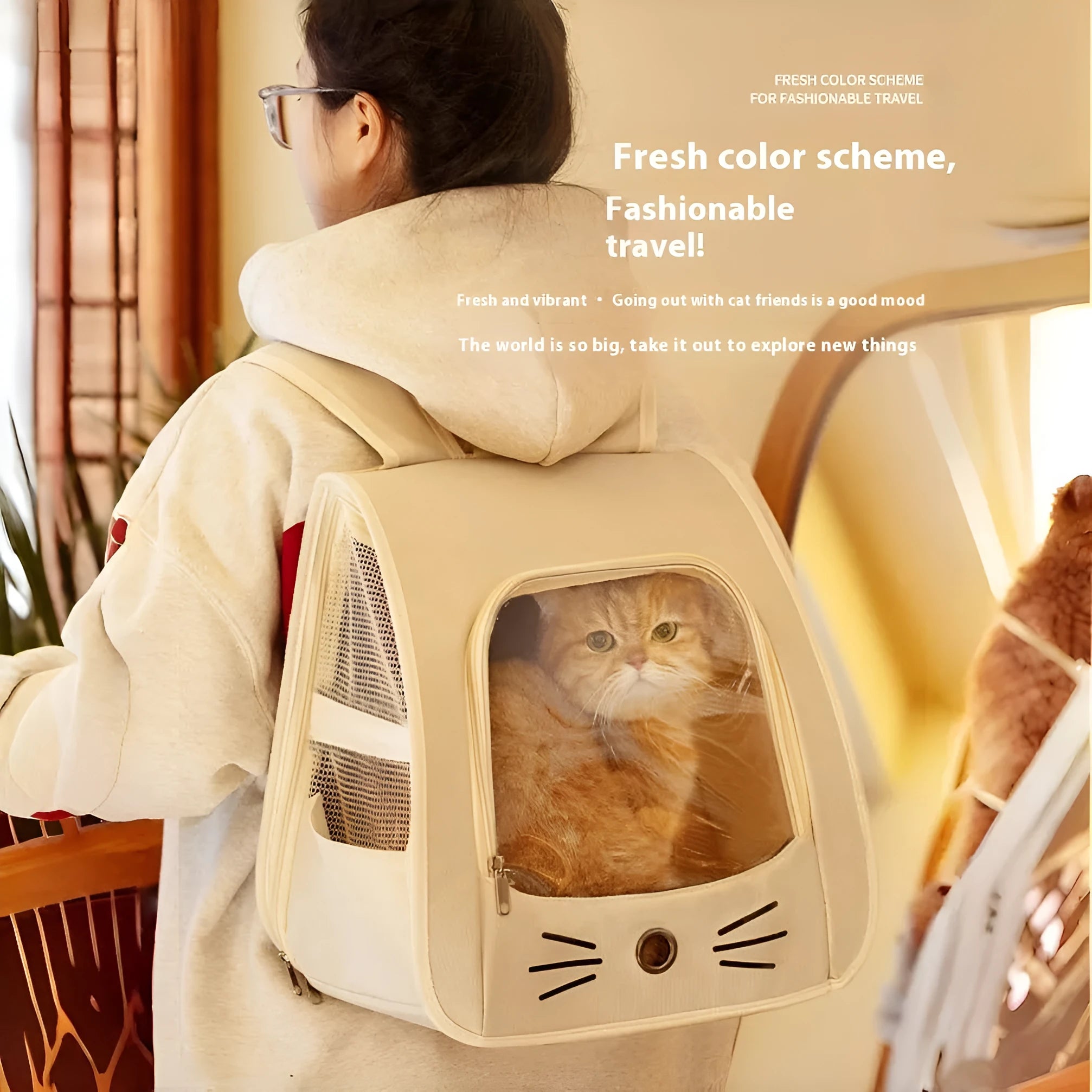 Multi-purpose folding pet bag in Oxford cloth with animal pattern, available in Beige colour