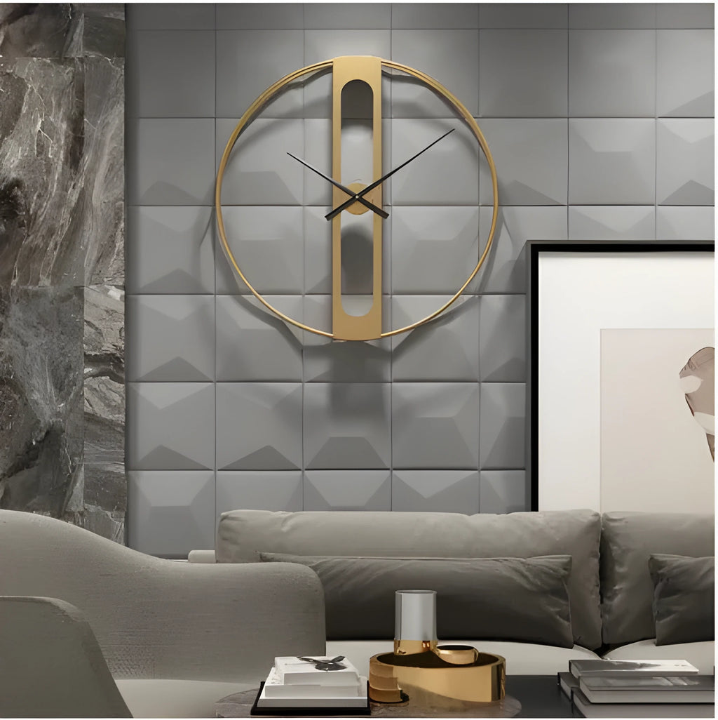 Large round metal wall clock with a 50cm diameter in a black finish on a white wall.
