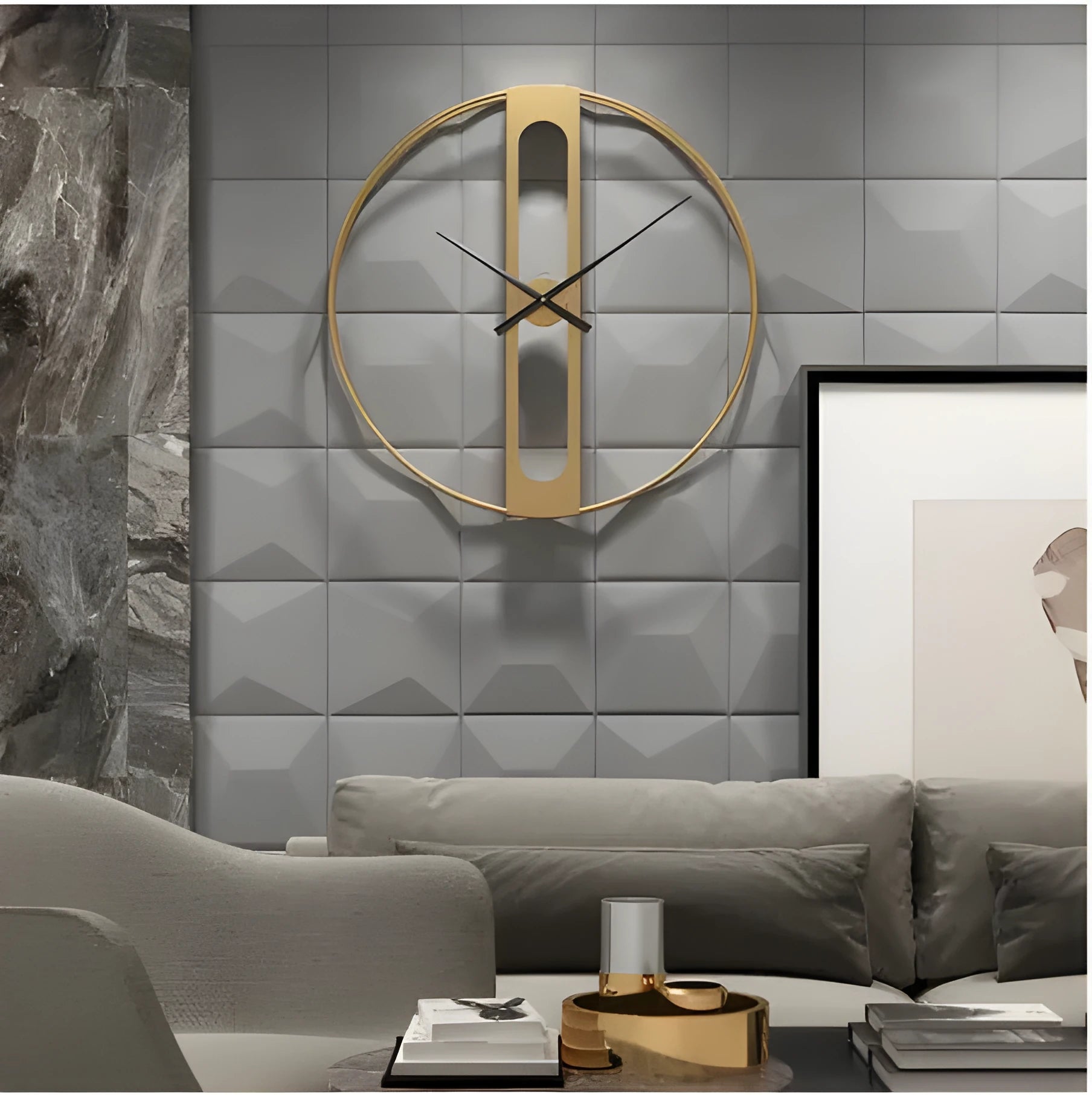 Large round metal wall clock with a 50cm diameter in a black finish on a white wall.