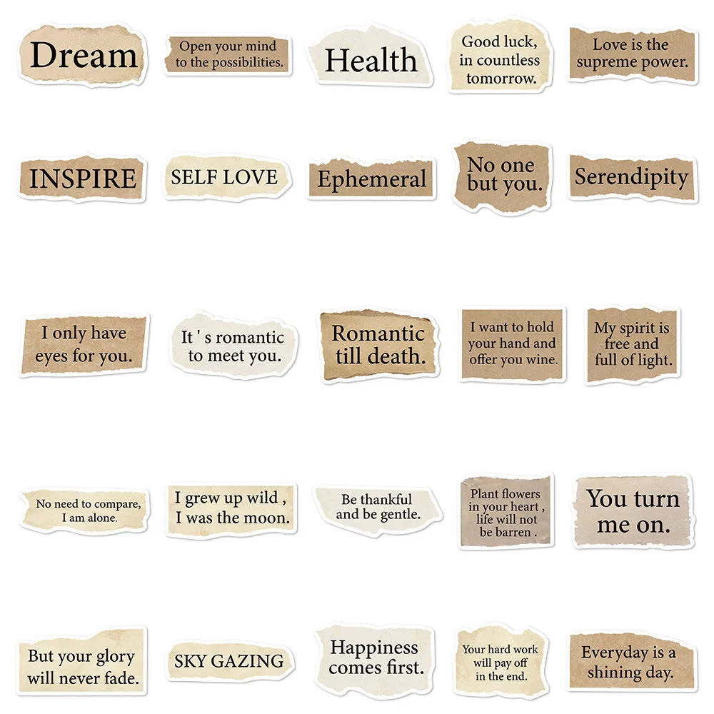 Set of 25 torn paper edge English design repositionable PVC stickers in assorted sizes.