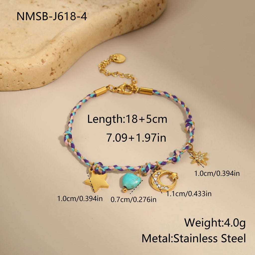 Handmade braided rope titanium steel necklace and bracelet set with 18K gold electroplated heart, star, and geometric pendants.