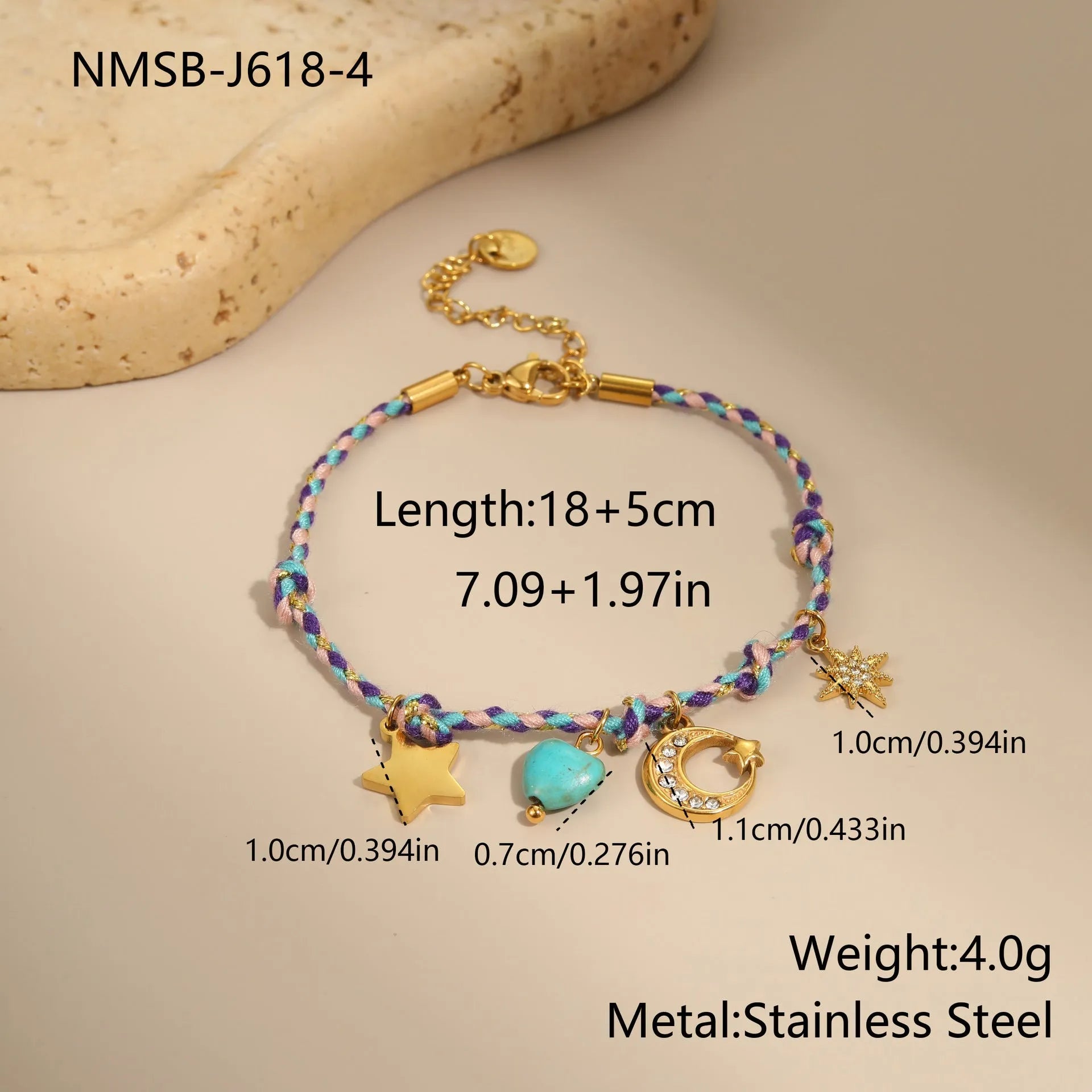 Handmade braided rope titanium steel necklace and bracelet set with 18K gold electroplated heart, star, and geometric pendants.