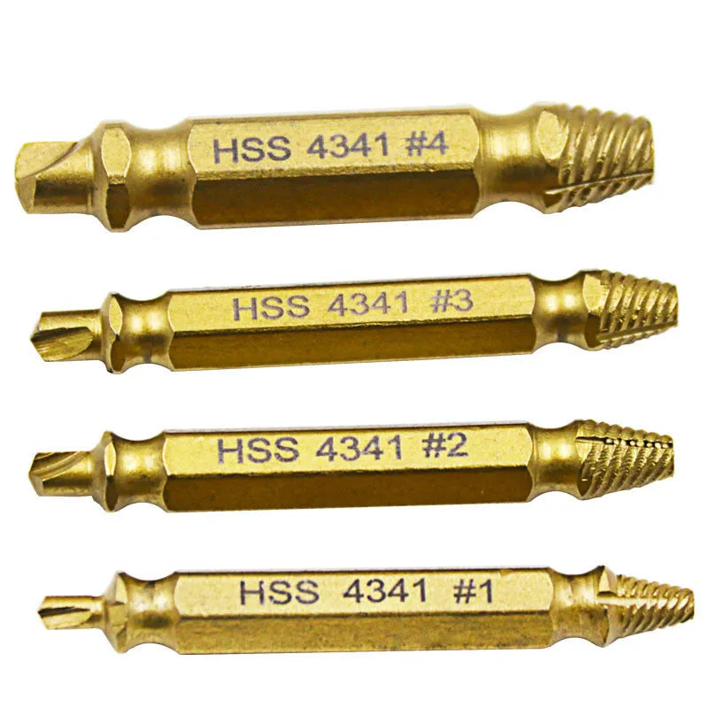 Set of five 4341 high-speed steel screw extractor tools for removing damaged bolts