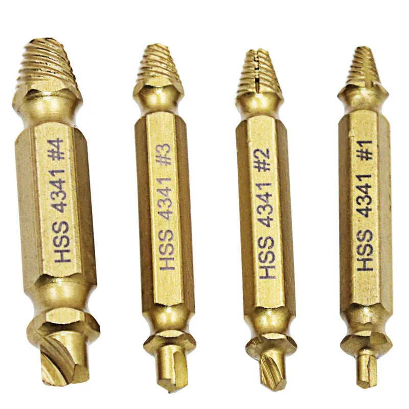 Set of five 4341 high-speed steel screw extractor tools for removing damaged bolts