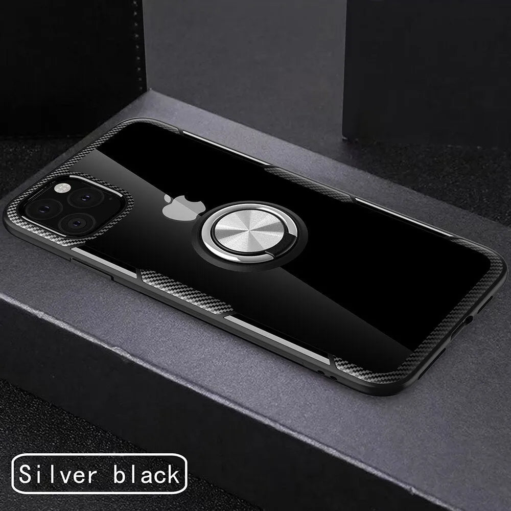 Black iPhone case with integrated car holder on the back, showing button cut-outs and PU leather texture.