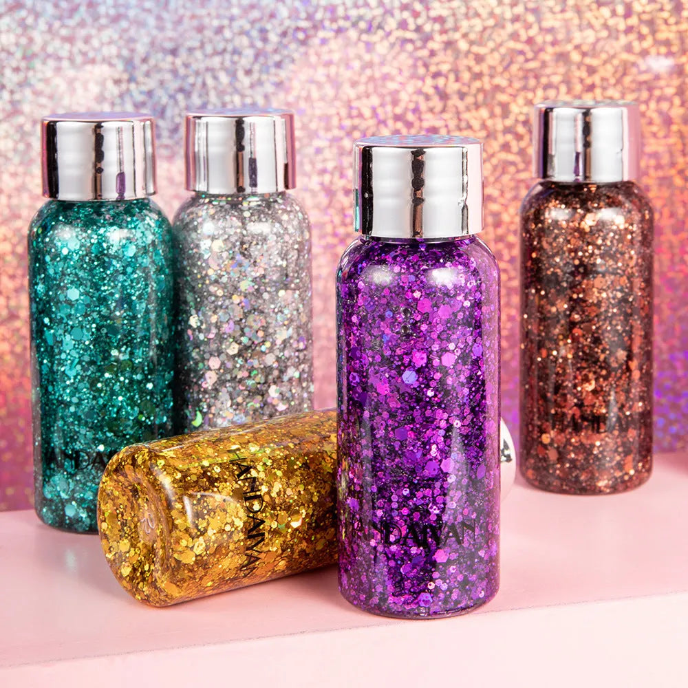 Chunky glitter body gel with laser sequins in a small pot, suitable for face hair nails and body decoration