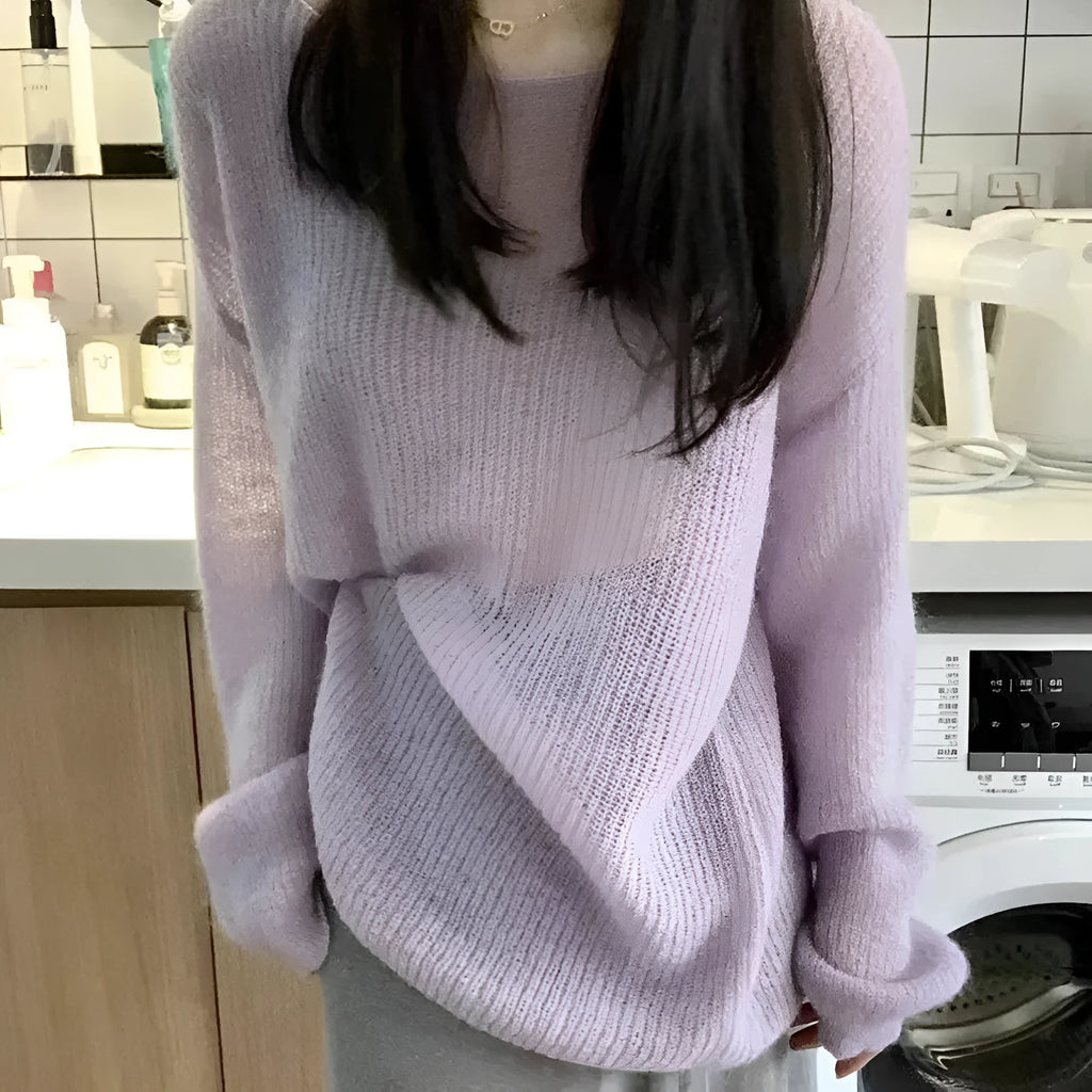 Purple women's blouse with hollow out detailing and princess sleeves