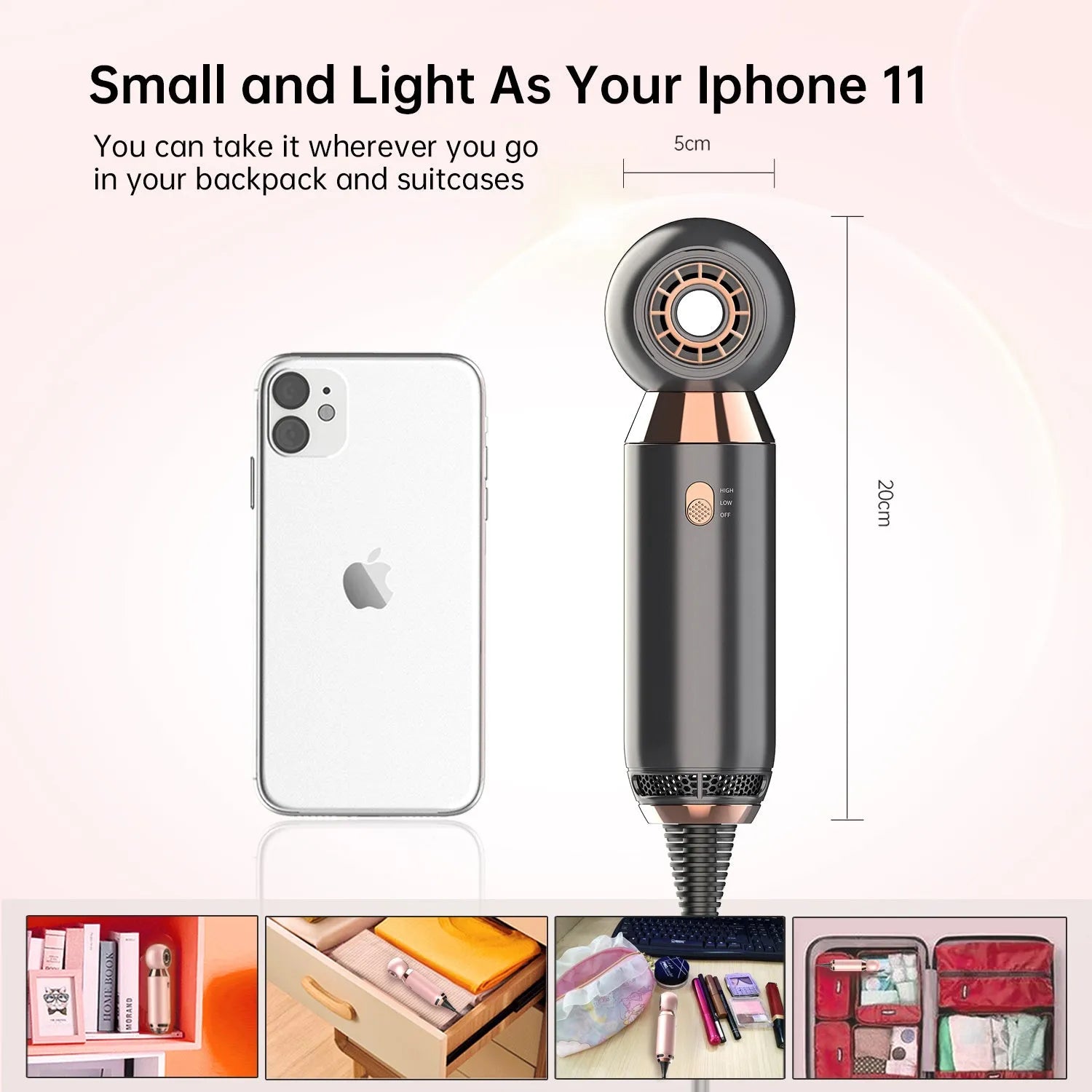 Compact white hair dryer with diffuser accessory, measuring 20cm long with safety plug