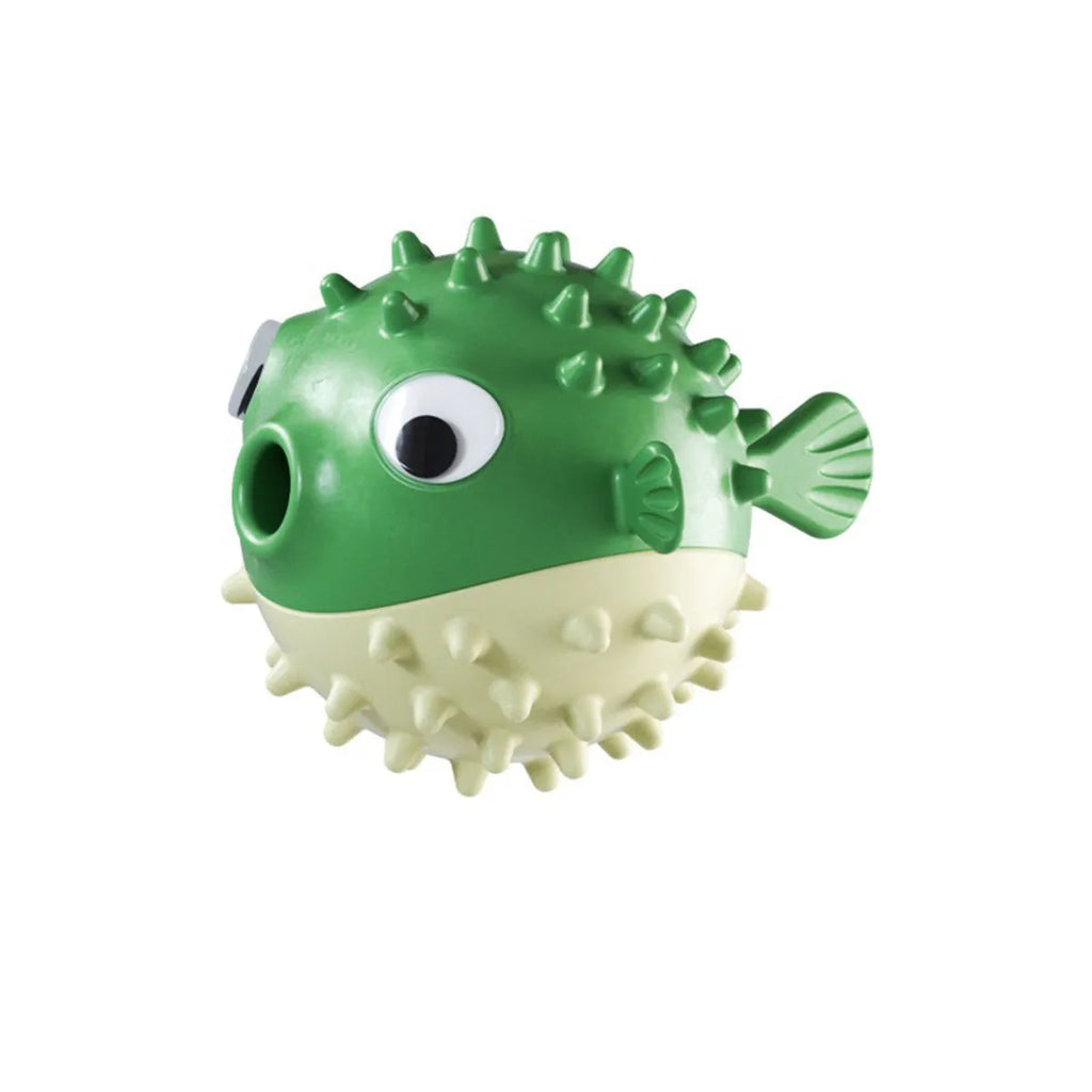 Yellow fish-shaped dog chew toy with textured surface for teeth cleaning