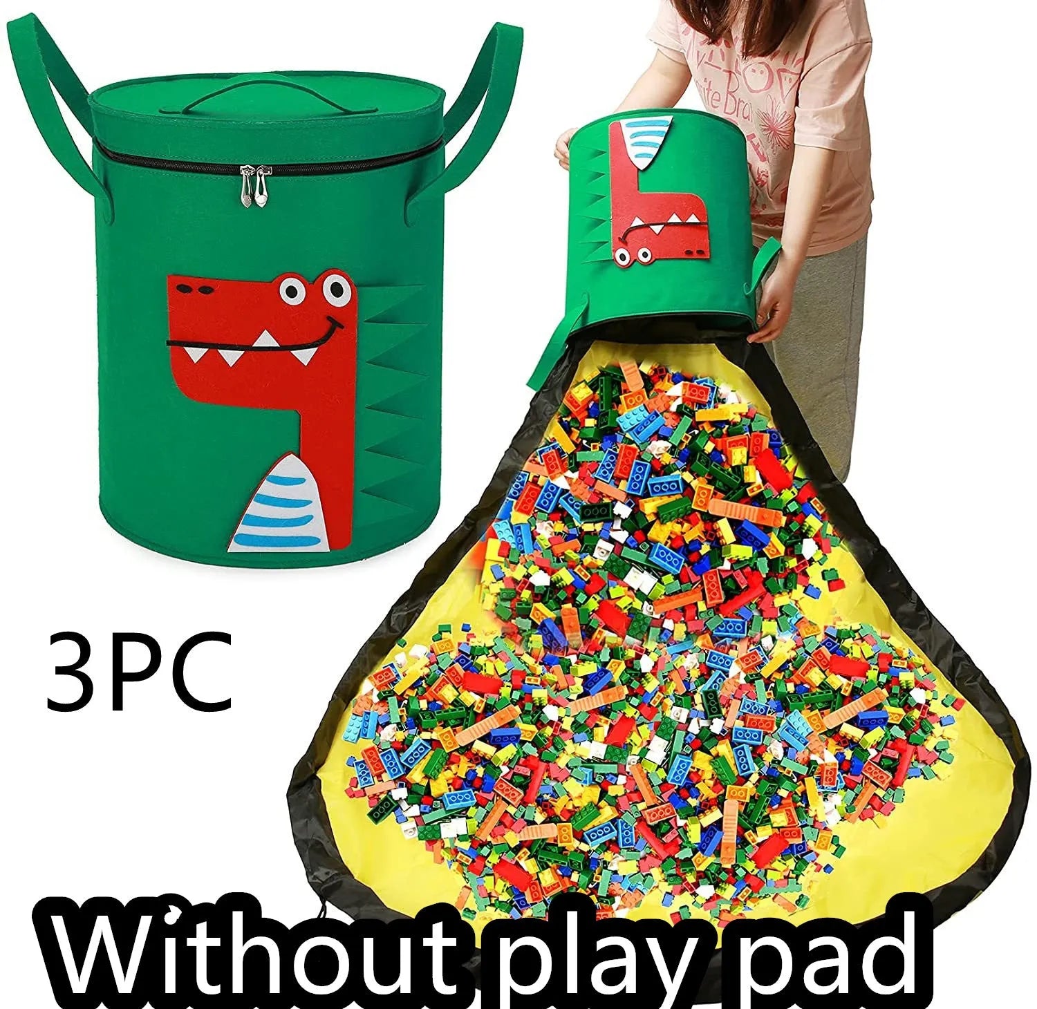 Green felt storage bag converted into a toy play mat with pull rope closure