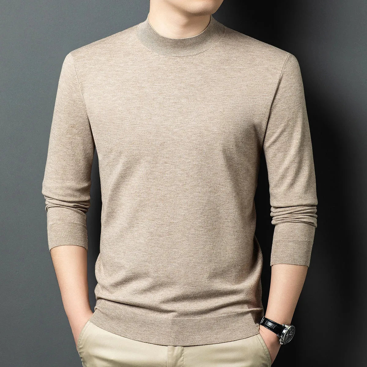 Men's round neck wool blend pullover sweater in winter weight with long sleeves