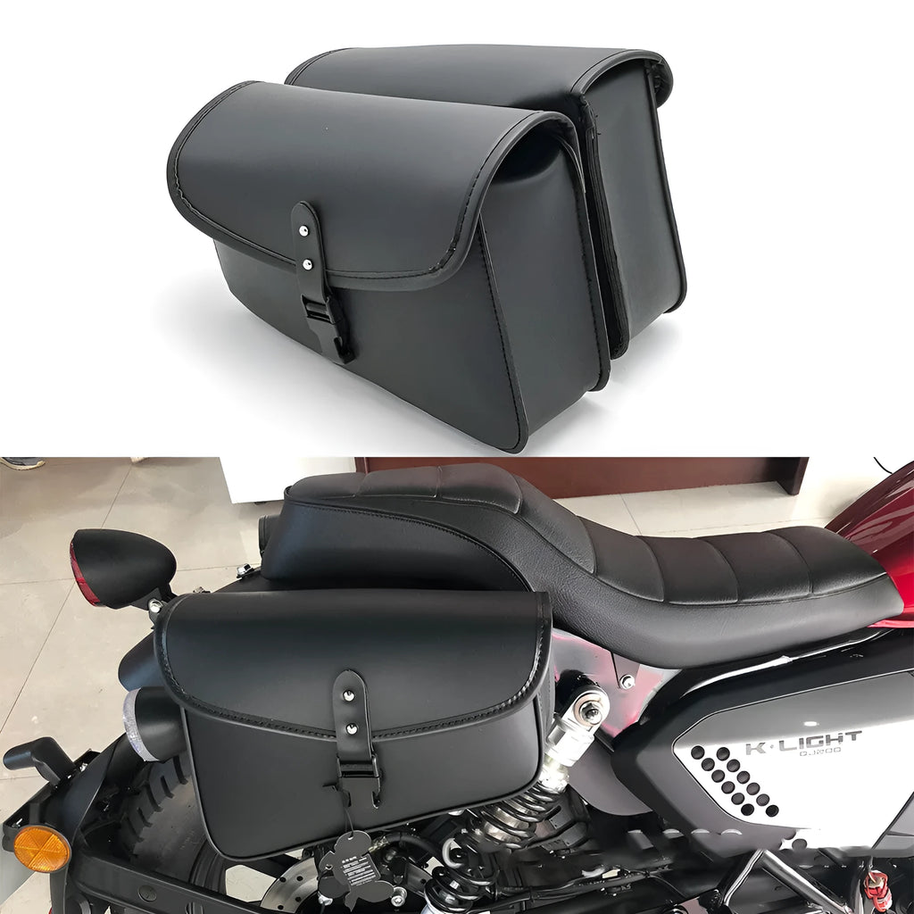 Black PU leather swingarm saddlebag mounted on a Harley Davidson Sportster motorcycle.
