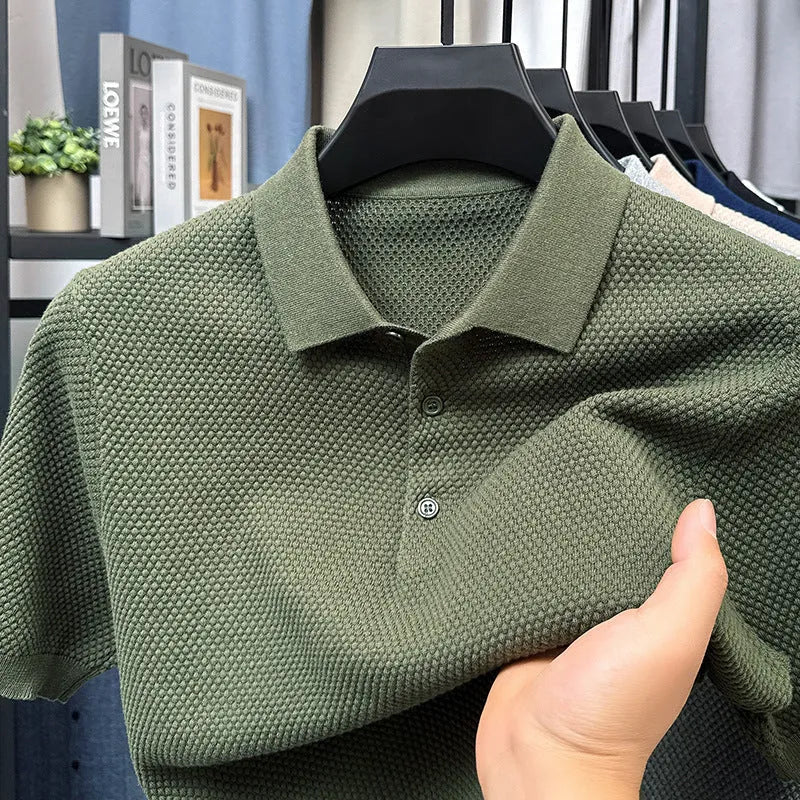 Men's loose fit cotton short sleeve sweater in six colour options showing pullover style