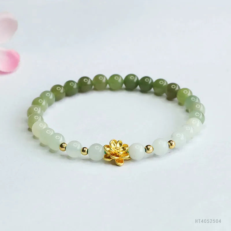 Hand-woven Hetian jade bracelet with clear water gradient colour and flower design