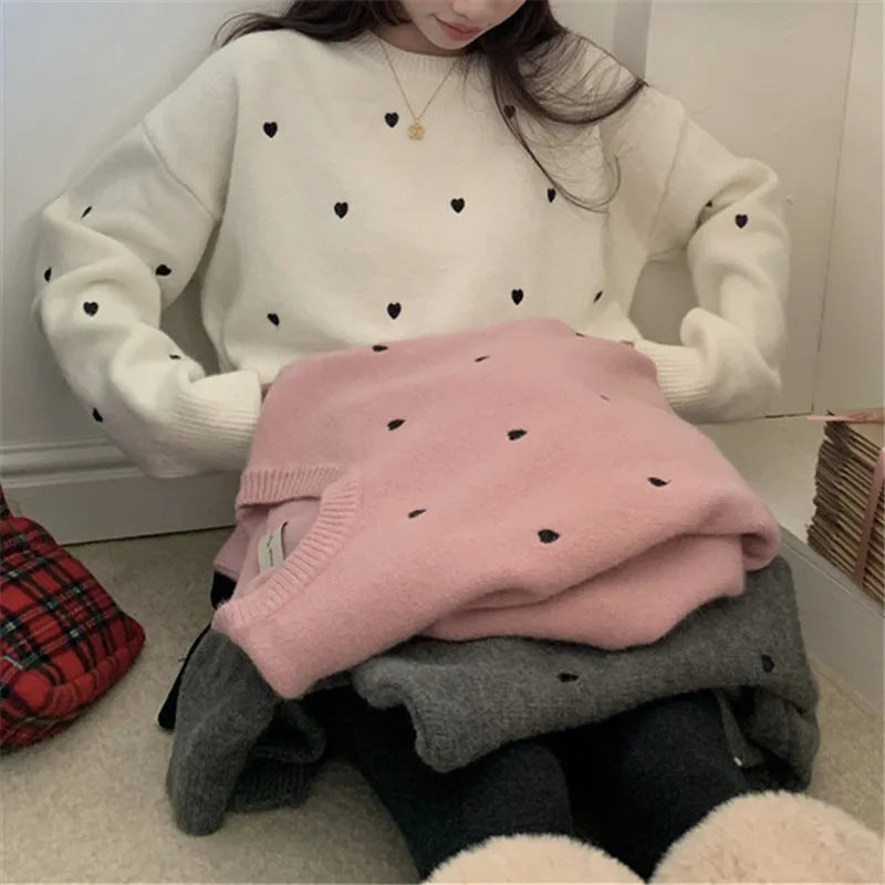 Women's loose crew neck pullover sweater in milky white with love embroidery and long sleeves