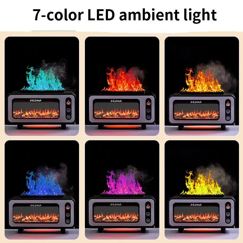 200ml black ultrasonic flame humidifier with simulated 3D fireplace fire effect and 7 colour LED light