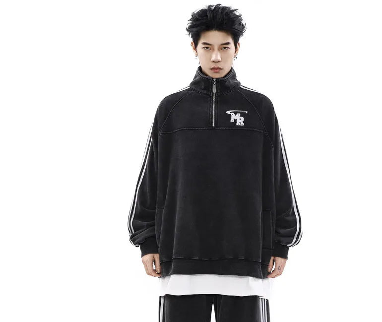 Black American retro style sports hoodie with stand collar and long sleeves