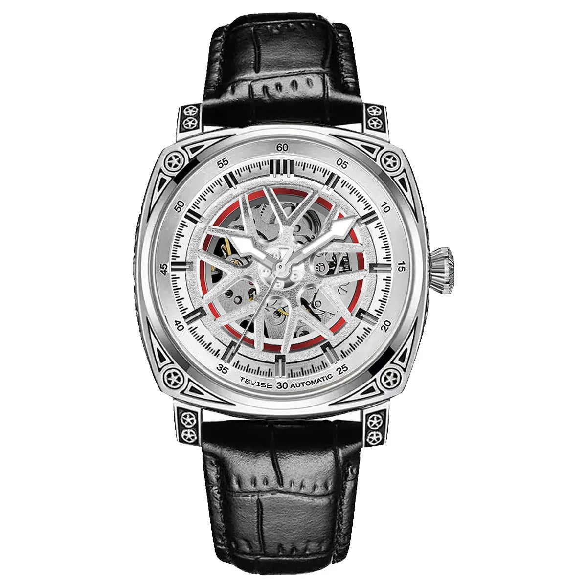 Men's stainless steel automatic watch with blue leather strap showing analogue dial
