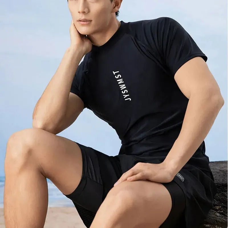 Men's plus size swimming trunks and top set in polyester fabric