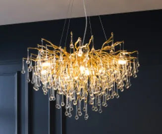 Postmodern light luxury water drop crystal chandelier with aluminium frame, adjustable height 0.5m, diameter 600mm