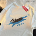 Plus size short sleeve cotton T-shirt with Diving Black Cat design in black colour
