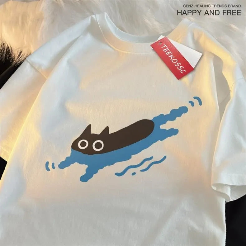 Plus size short sleeve cotton T-shirt with Diving Black Cat design in black colour