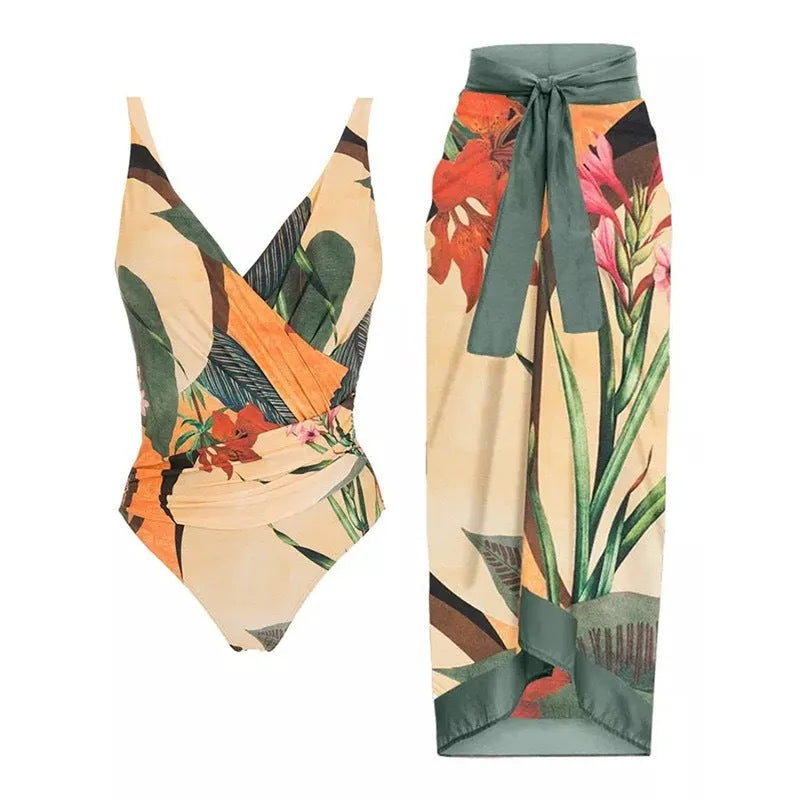 Women's solid colour one-piece swimsuit with spaghetti straps and a detachable skirt.