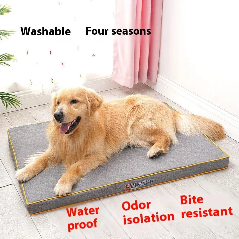 Oxford cloth waterproof scratch-resistant dog bed mat in Oxford blue, showing wooden base and size options for small to large dogs