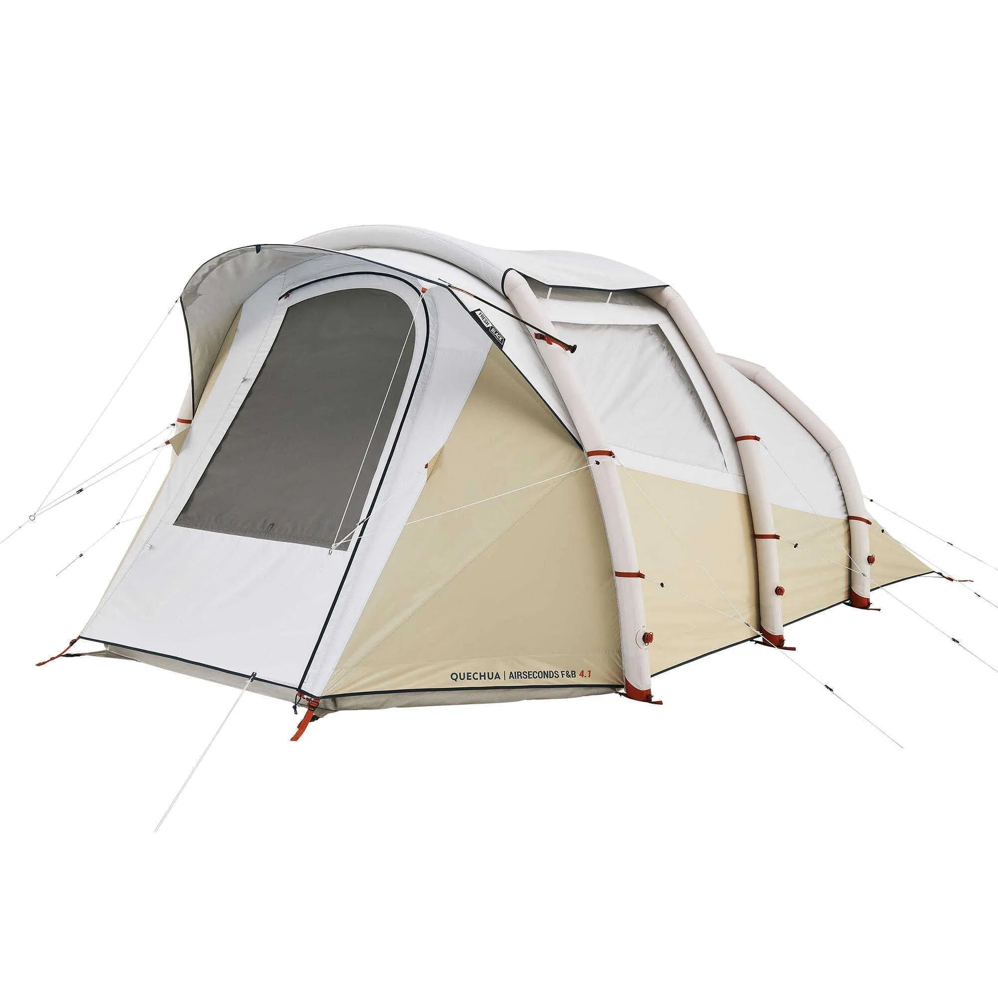 Inflatable camping tent for 4 people with hand pump, double-sheet design, polyethylene base, and shading rainfly